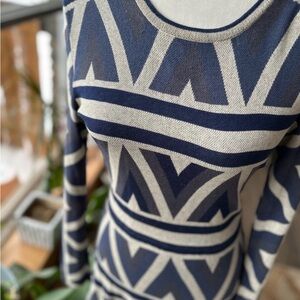 BCBG Geometric Patterned Navy and Cream Dress